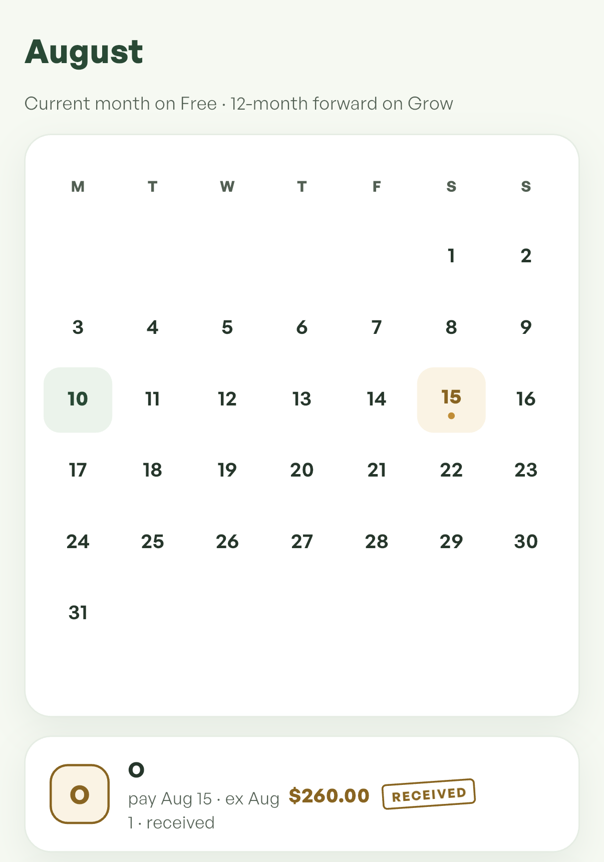 August calendar in the Groverow app. Subtitle: current month on Free, 12-month forward on Grow. In the month grid, the 15th is marked gold with a dot. Below the grid, one payment: O, pay Aug 15, ex Aug 1, $260.00, stamped Received.